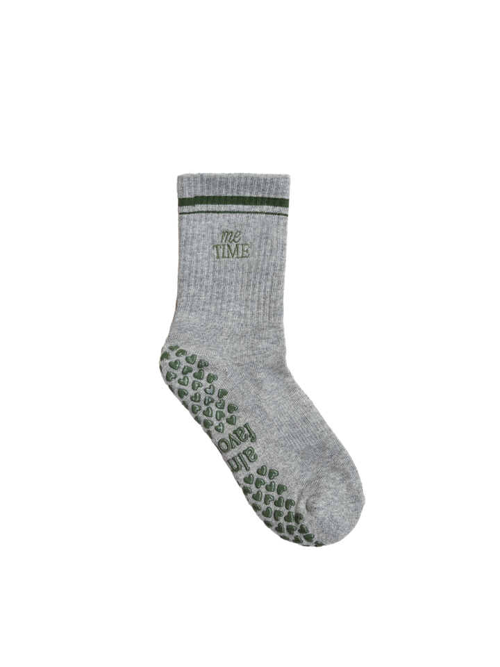 Me Time grip socks in grey with green, sage grips