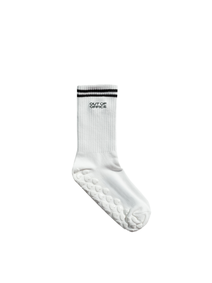 Out of Office grip socks in off white with black