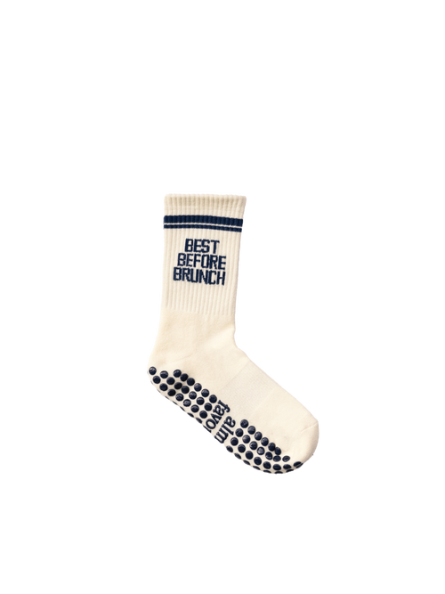 Best Before Brunch grip socks in ivory with navy