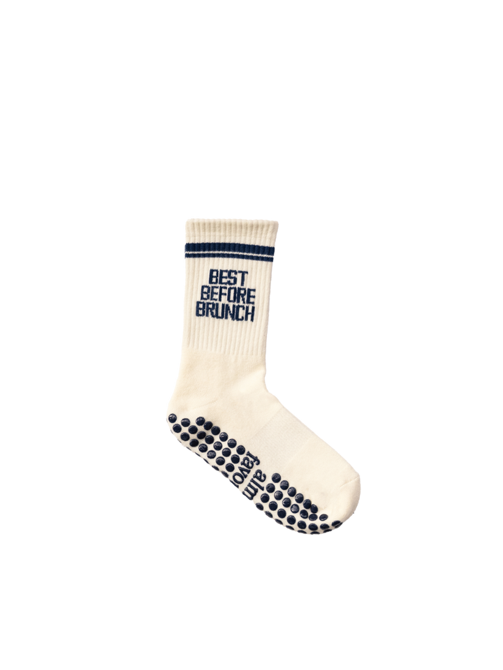 Best Before Brunch grip socks in ivory with navy