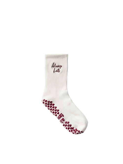 Always Late grip socks in off white with burgundy, heart-shaped grips