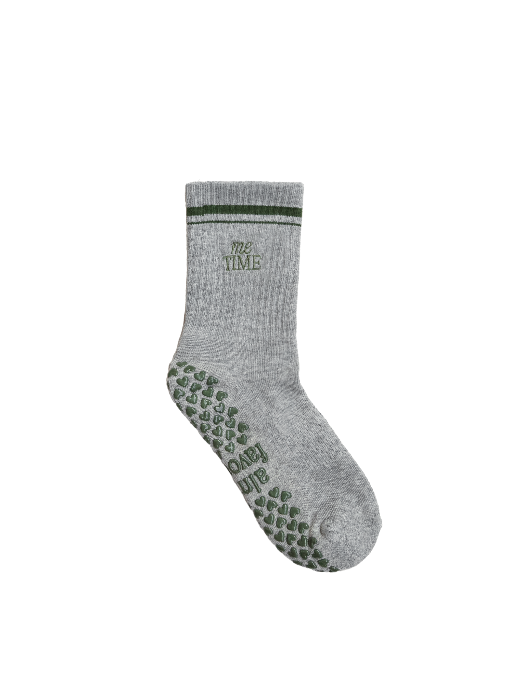 Me Time grip socks in grey with green, sage grips