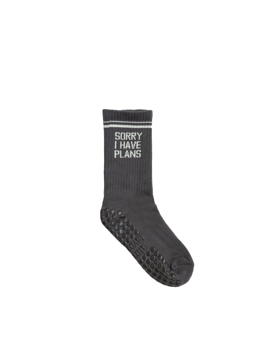 Sorry I Have Plans grip socks in dark grey with beige