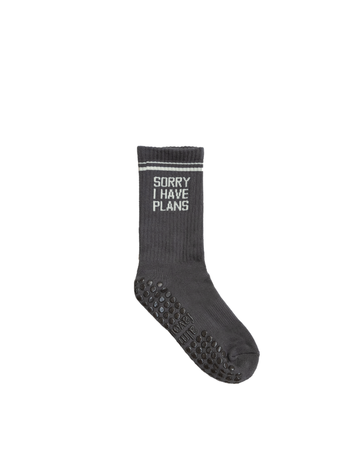 Sorry I Have Plans grip socks in dark grey with beige